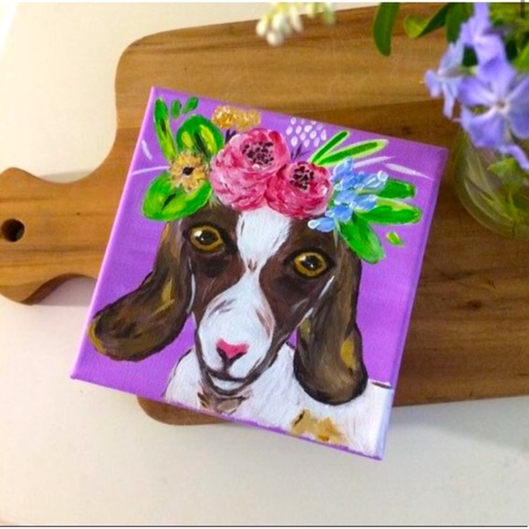 6” boho goat painting purple with floral crown - Picture 2 of 5